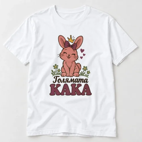 Дамска тениска с розово зайче с корона, сърца, цветя и надпис Голямата кака – бяла тениска