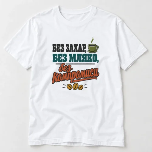 Тениска с чашка еспресо, кафе зърна и надпис Без захар, без мляко, без компромиси – бяла тениска Тениска с чашка еспресо, кафе зърна и надпис Без захар, без мляко, без компромиси – бяла тениска