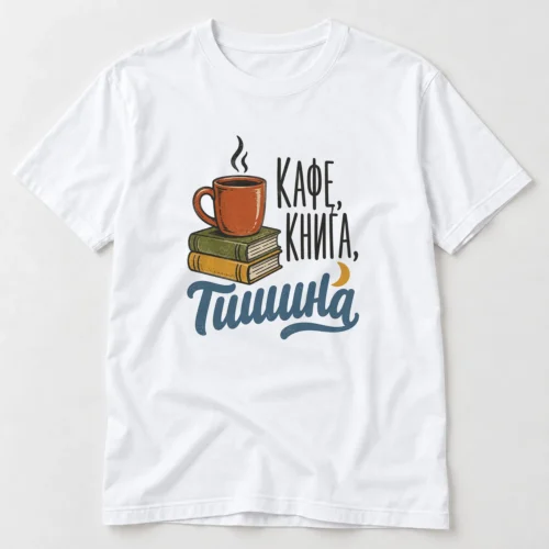 Тениска с чаша кафе върху две книги, луна и надпис Кафе, книга, тишина – бяла тениска Тениска с чаша кафе върху две книги, луна и надпис Кафе, книга, тишина – бяла тениска