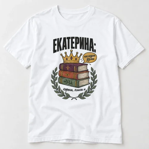 Дамска тениска с купчина книги, корона, балонче за реч и надпис за Екатерина – бяла тениска Дамска тениска с купчина книги, корона, балонче за реч и надпис за Екатерина – бяла тениска