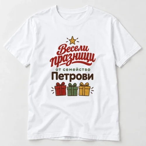 Тениска с три подаръчни кутии, звезда и надпис Весели празници от семейство Петрови – бяла тениска Тениска с три подаръчни кутии, звезда и надпис Весели празници от семейство Петрови – бяла тениска