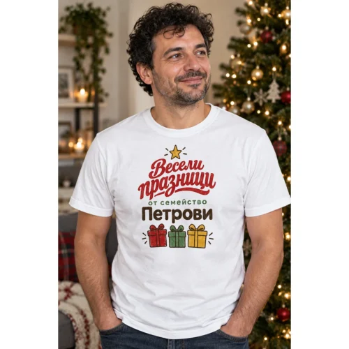 Тениска с три подаръчни кутии, звезда и надпис Весели празници от семейство Петрови – снимка с модел
