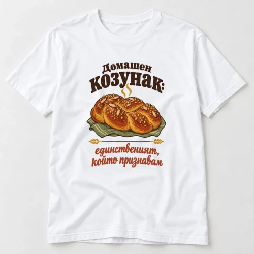 Тениска с плетен козунак и надпис Домашен козунак: единственият, който признавам – бяла тениска Тениска с плетен козунак и надпис Домашен козунак: единственият, който признавам – бяла тениска