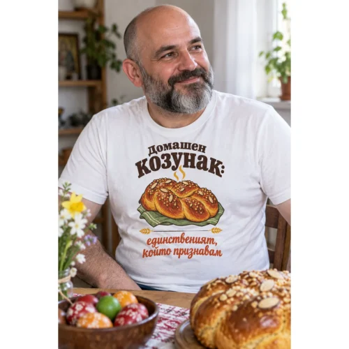 Тениска с плетен козунак и надпис Домашен козунак: единственият, който признавам – снимка с модел