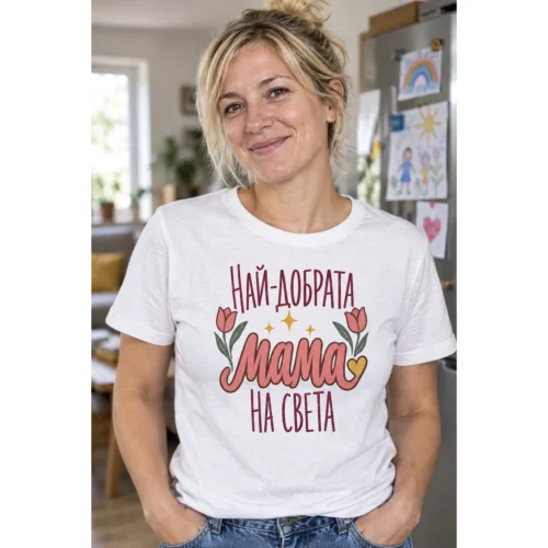 Тениска със сърце, лалета, искри и надпис Най-добрата мама на света – снимка с модел