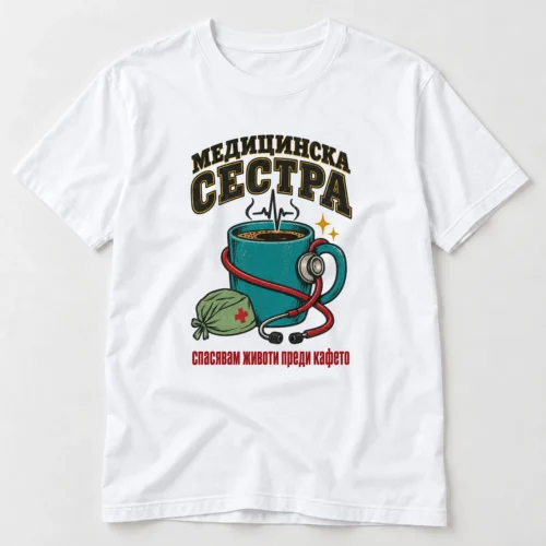Дамска тениска с чаша кафе, стетоскоп, медицинска шапка и надпис Медицинска сестра – бяла тениска Дамска тениска с чаша кафе, стетоскоп, медицинска шапка и надпис Медицинска сестра – бяла тениска
