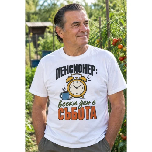 Мъжка тениска с жълт будилник, синя чаша кафе и надпис Всеки ден е събота – снимка с модел