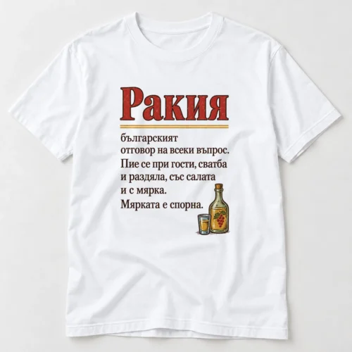 Тениска с речниково определение за ракия и реда мярката е спорна – бяла тениска Тениска с речниково определение за ракия и реда мярката е спорна – бяла тениска