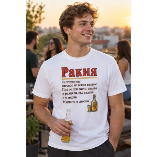 Тениска с речниково определение за ракия и реда мярката е спорна – снимка с модел