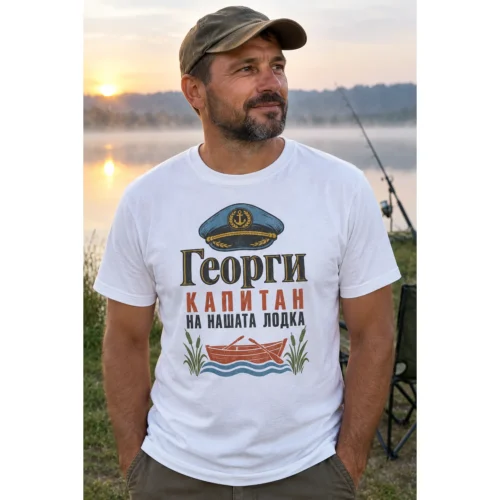 Тениска с капитанска шапка, лодка, вълни и надпис Георги капитан на нашата лодка – снимка с модел