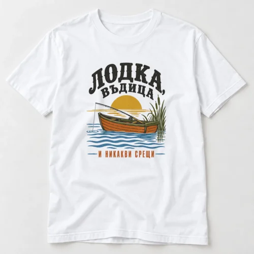 Тениска с гребна лодка, въдица, вълни и надпис Лодка, въдица и никакви срещи – бяла тениска