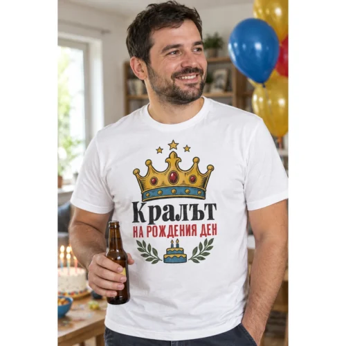 Тениска с корона, торта със свещички, лаврови клонки и надпис Кралят на рождения ден – снимка с модел