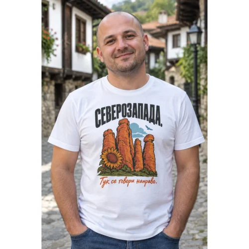 Тениска с Белоградчишките скали и надпис Северозапада. Тук се говори направо. – снимка с модел