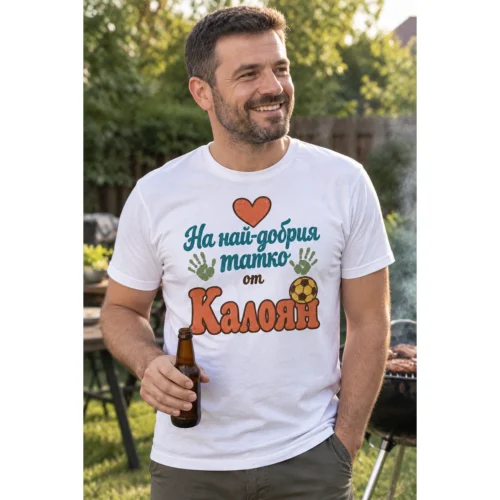 Тениска с футболна топка, детски ръчички, сърце и надпис На най-добрия татко – снимка с модел
