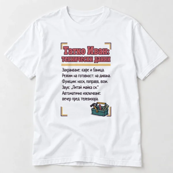Тениска с технически данни на татко с име, кафе, диван и телевизор – бяла тениска Тениска с технически данни на татко с име, кафе, диван и телевизор – бяла тениска