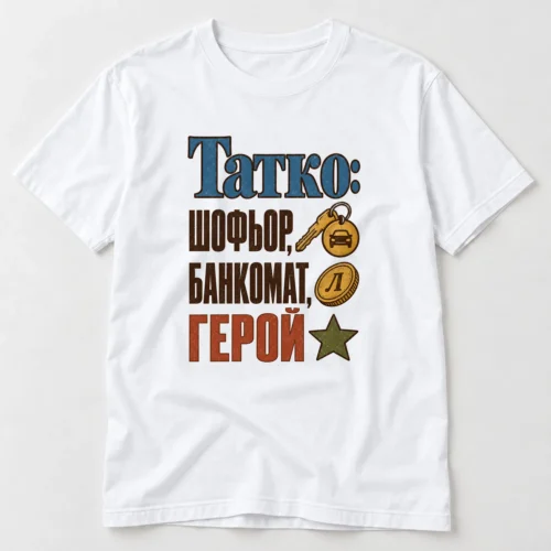 Тениска с ключ от кола, монета, звезда и надпис Татко шофьор, банкомат, герой – бяла тениска Тениска с ключ от кола, монета, звезда и надпис Татко шофьор, банкомат, герой – бяла тениска