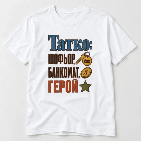 Тениска с ключ от кола, монета, звезда и надпис Татко шофьор, банкомат, герой – бяла тениска Тениска с ключ от кола, монета, звезда и надпис Татко шофьор, банкомат, герой – бяла тениска