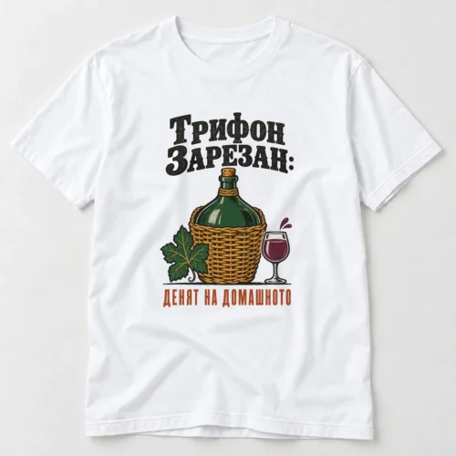 Тениска с дамаджана, чаша вино и надпис Трифон Зарезан: денят на домашното – бяла тениска