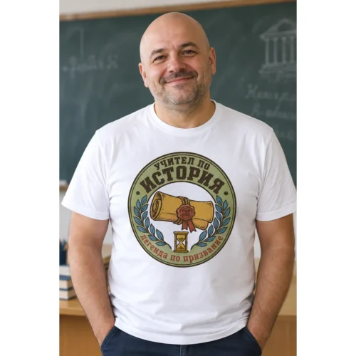 Тениска с кръгла емблема със свитък, печат, пясъчен часовник и надпис Учител по история – снимка с модел