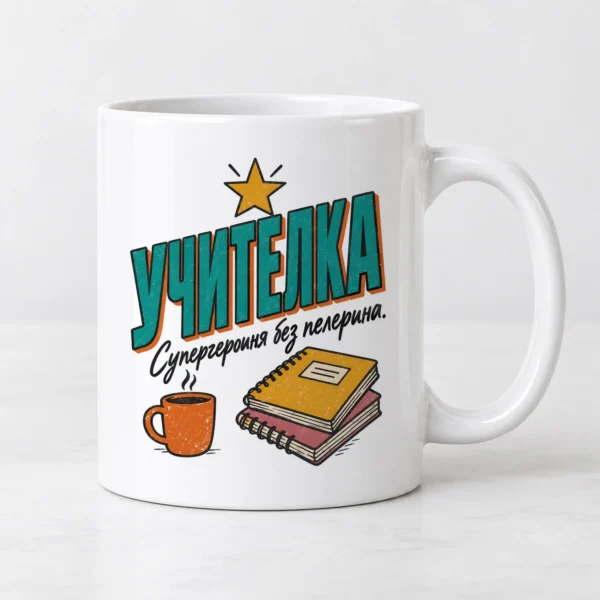 Дамска тениска с чаша кафе, тетрадки, звезда и надпис Учителка супергероиня – и като чаша Дамска тениска с чаша кафе, тетрадки, звезда и надпис Учителка супергероиня – и като чаша