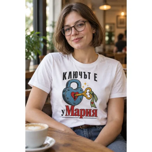 Тениска с катинар със сърце, ключ и надпис Ключът е у Мария – снимка с модел
