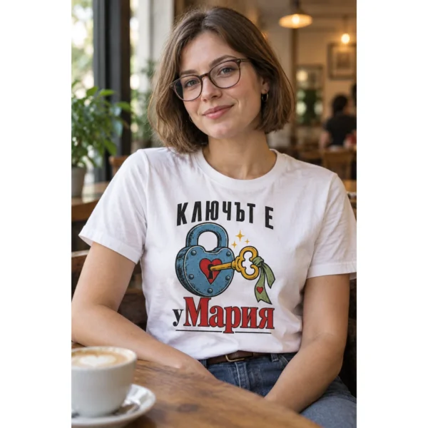 Тениска с катинар със сърце, ключ и надпис Ключът е у Мария – снимка с модел