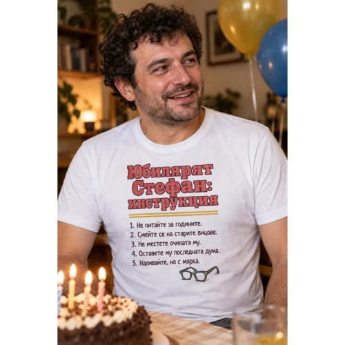 Тениска с инструкция за юбиляря с име, годините, вицовете и очилата – снимка с модел