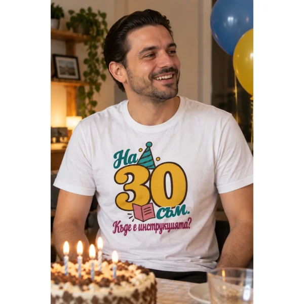 Тениска с едро жълто 30, парти шапка, книжка и надпис Къде е инструкцията – снимка с модел