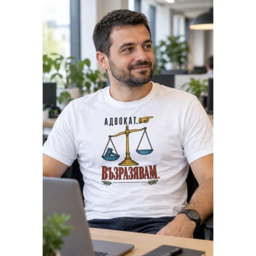 Мъжка тениска с везни на правосъдието, чукче, сочеща ръка и надпис Адвокат. Възразявам. – снимка с модел
