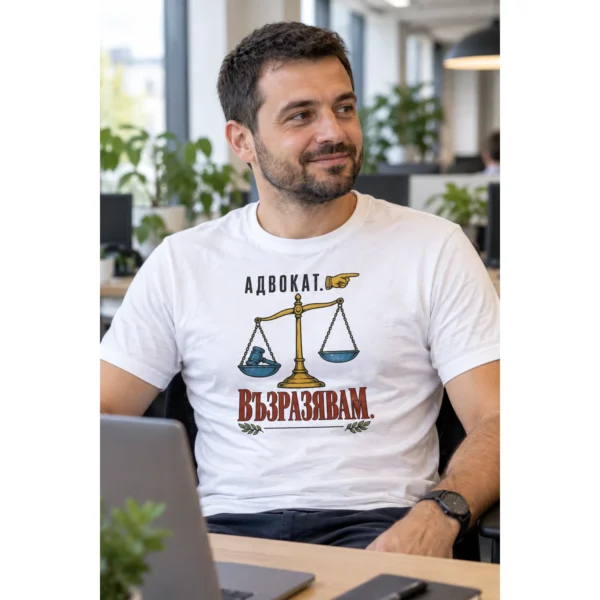 Мъжка тениска с везни на правосъдието, чукче, сочеща ръка и надпис Адвокат. Възразявам. – снимка с модел