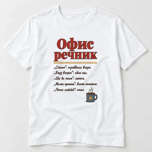 Тениска с надпис Офис речник и смешни преводи на офис фрази – бяла тениска Тениска с надпис Офис речник и смешни преводи на офис фрази – бяла тениска