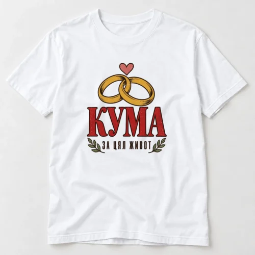 Дамска тениска с две златни халки, сърце, клонки и надпис Кума за цял живот – бяла тениска Дамска тениска с две златни халки, сърце, клонки и надпис Кума за цял живот – бяла тениска