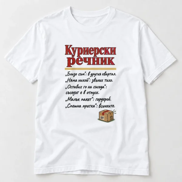 Тениска с надпис Куриерски речник и смешни преводи на куриерски фрази – бяла тениска Тениска с надпис Куриерски речник и смешни преводи на куриерски фрази – бяла тениска