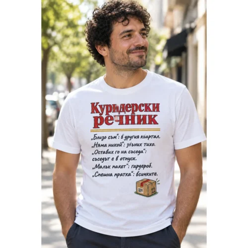 Тениска с надпис Куриерски речник и смешни преводи на куриерски фрази – снимка с модел