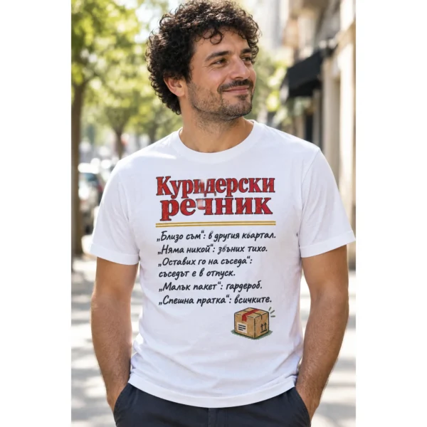Тениска с надпис Куриерски речник и смешни преводи на куриерски фрази – снимка с модел Тениска с надпис Куриерски речник и смешни преводи на куриерски фрази – снимка с модел