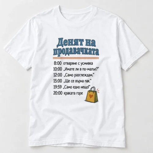 Тениска с график Денят на продавачката и фрази на клиентите по часове – бяла тениска Тениска с график Денят на продавачката и фрази на клиентите по часове – бяла тениска