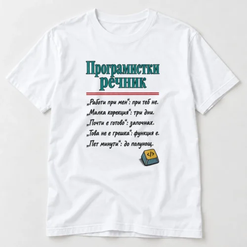 Тениска с надпис Програмистки речник и смешни преводи на фрази – бяла тениска Тениска с надпис Програмистки речник и смешни преводи на фрази – бяла тениска