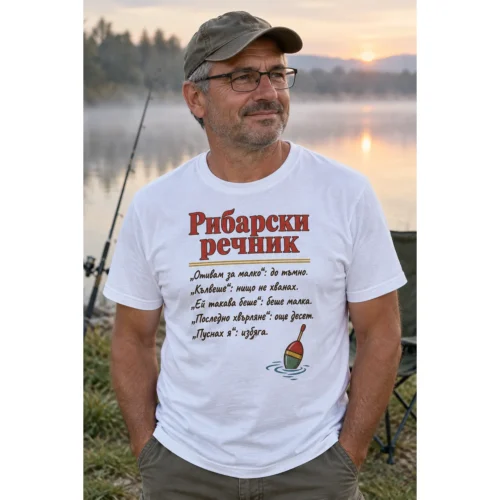 Тениска с надпис Рибарски речник и смешни преводи на рибарски фрази – снимка с модел