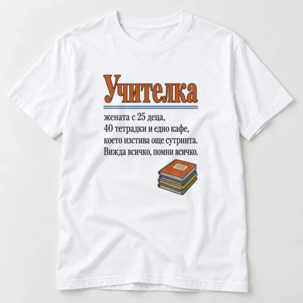 Тениска с речниково определение за учителка, деца, тетрадки и кафе – бяла тениска Тениска с речниково определение за учителка, деца, тетрадки и кафе – бяла тениска