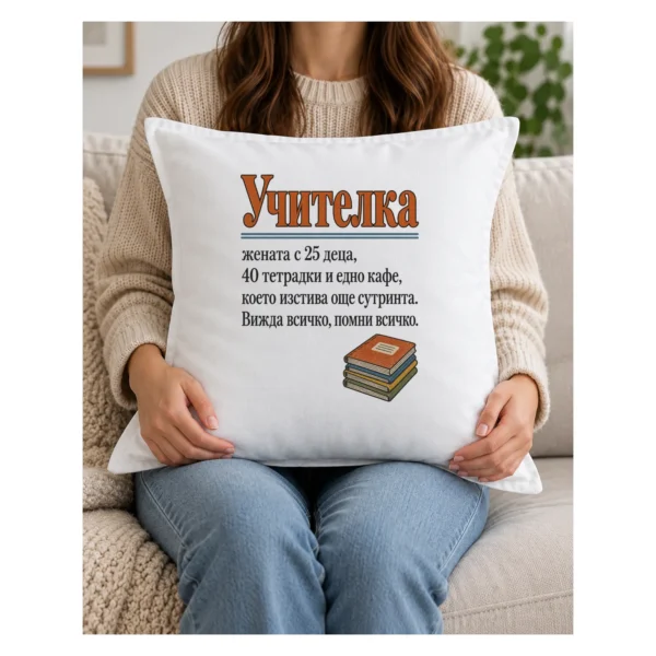 Тениска с речниково определение за учителка, деца, тетрадки и кафе – и като възглавница Тениска с речниково определение за учителка, деца, тетрадки и кафе – и като възглавница