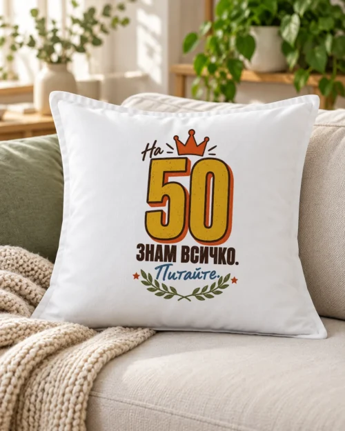 Бяла възглавница с шеговит надпис на 50 знам всичко, питайте – на дивана