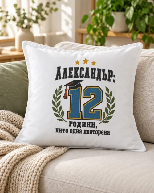 Бяла възглавница с типографски надпис 12 години, нито една повторена и име – на дивана