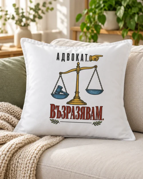 Бяла възглавница с везни на правосъдието, чукче и надпис Адвокат. Възразявам – на дивана