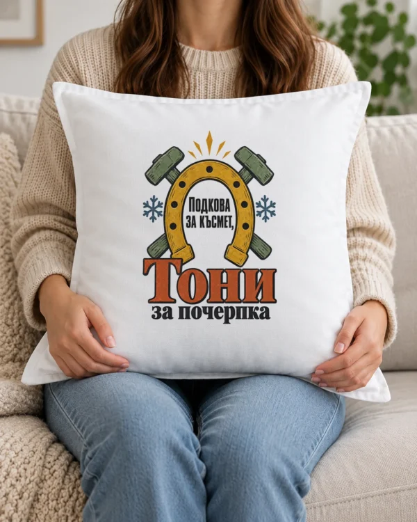 Възглавница за Антоновден с подкова и име: именникът черпи