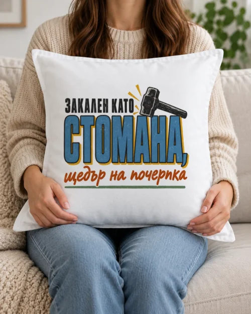Бяла възглавница с едри букви и надпис Закален като стомана, щедър на почерпка Бяла възглавница с едри букви и надпис Закален като стомана, щедър на почерпка