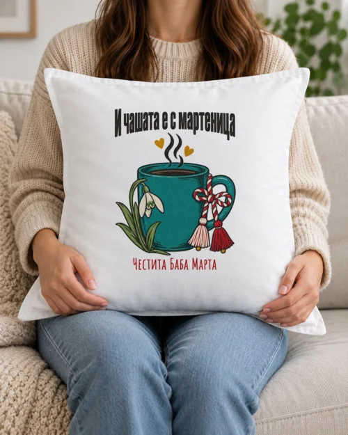 Бяла възглавница с червено-бяла мартеница и поздрав честита Баба Марта Бяла възглавница с червено-бяла мартеница и поздрав честита Баба Марта