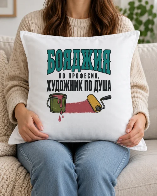 Бяла възглавница с кофа боя, валяк и надпис бояджия по професия, художник по душа Бяла възглавница с кофа боя, валяк и надпис бояджия по професия, художник по душа