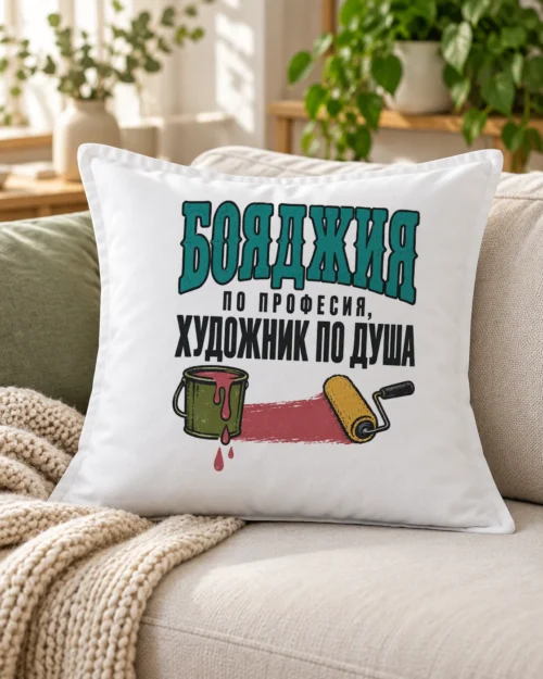 Бяла възглавница с кофа боя, валяк и надпис бояджия по професия, художник по душа – на дивана