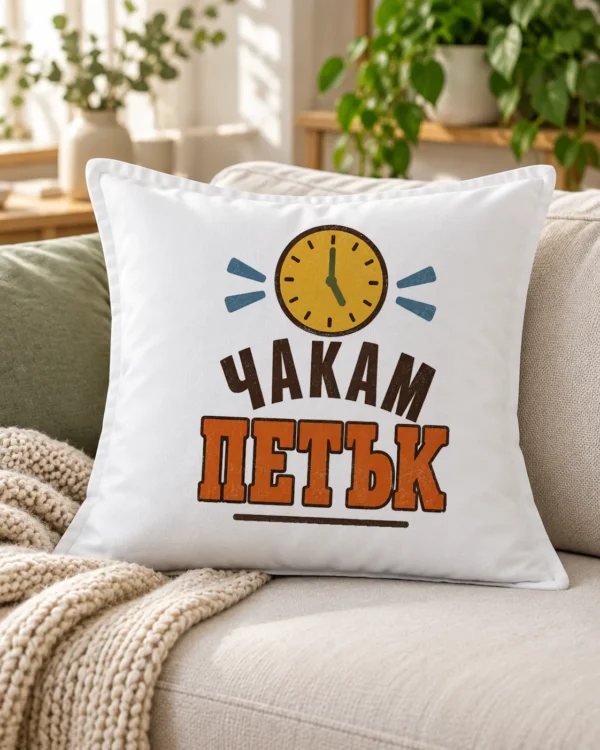 Бяла възглавница с жълт стенен часовник и надпис Чакам петък – на дивана Бяла възглавница с жълт стенен часовник и надпис Чакам петък – на дивана