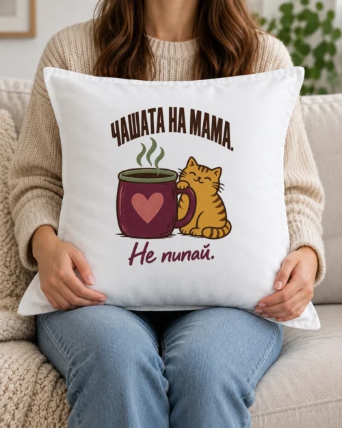 Бяла възглавница с голяма чаша, котка, сърце и надпис Чашата на мама Бяла възглавница с голяма чаша, котка, сърце и надпис Чашата на мама